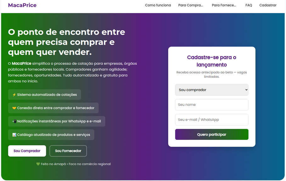 Página para captura de interessados